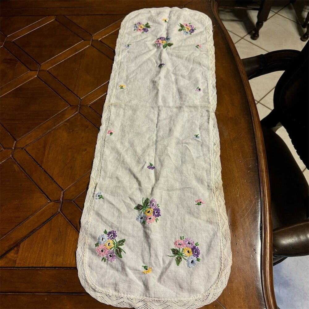Vintage Hand-Embroidered Multicolor Table Runner Dresser Scarf